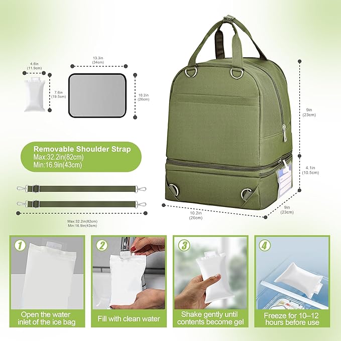 Breast Pump Bag with Insulated Cooler, Double-Layer Pumping Bag for Work & Travel, Fits Most Electric Breast Pumps, Includes 10 Ice Packs & Waterproof Mat, Detachable Bottle Cooler Tote, Green