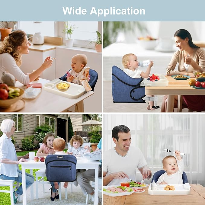 Hook On High Chair with Detachable Tray, Portable Foldable Clip On Baby Travel High Chair, Lightweight Feeding Seat with Storage Bag, BPA-Free Safety Harness for Home Restaurant (Navy)