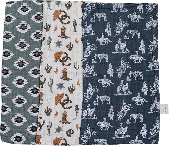 Mebie Baby Burp Cloths, Outlaw Cowboy, Muslin Burp Cloth Set for Spit Up, Drool, and More, Boho Burp Cloths for Baby Boy and Girl, Baby Must Haves for Registry Lists and Gifts for Newborns