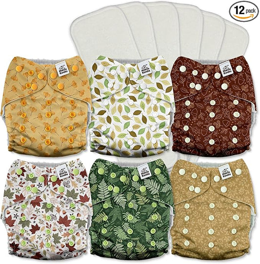 Mama Koala 3.0 Pocket Cloth Diapers for Babies with AWJ Lining, 6 Pack with 6 5-Layer Natural Cloth Diaper Inserts - Reusable and Washable Pocket Diapers(A-Falling Leaves)