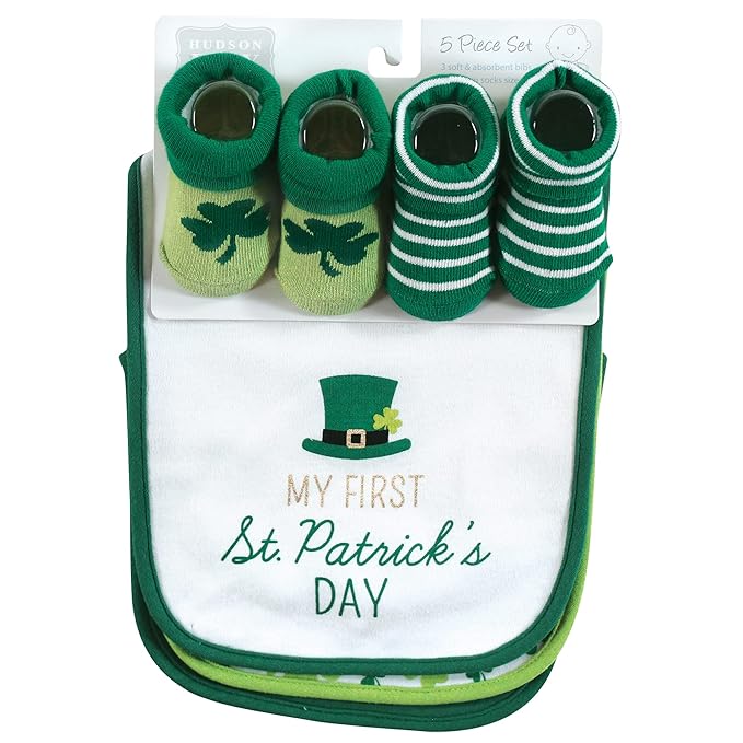 Hudson Baby Unisex Baby Cotton Bib and Sock Set, Lucky Charm, One Size