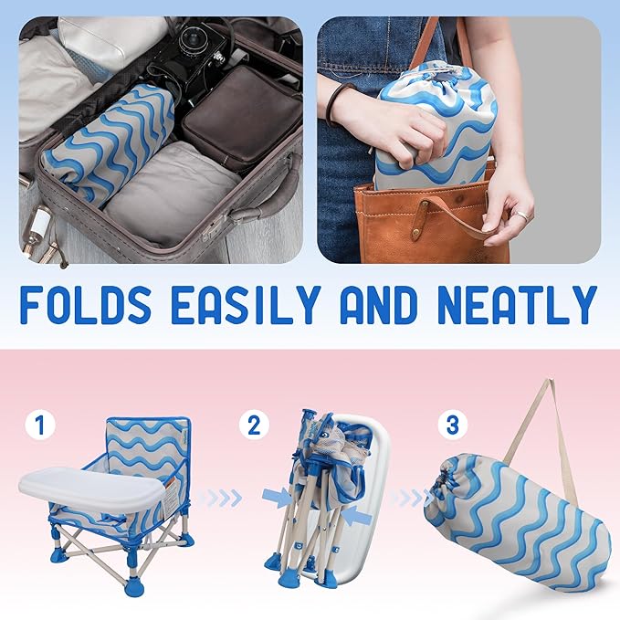 Tiny Marvels 3-in-1 Portable Baby Chair, Foldable Booster Seat with Removable Tray, Safety Harness & Carry Bag for Dining, Travel, Camping, Beach, 6M-3Y (Big Waive)