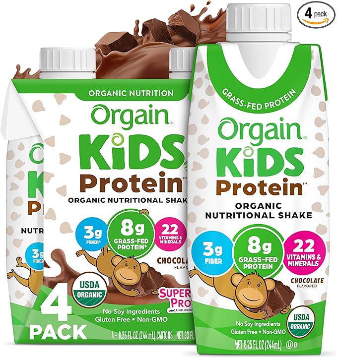Orgain Organic Kids Protein Nutritional Shake, Chocolate - 8g of Protein, 22 Vitamins & Minerals, Fruits & Vegetables, Gluten Free, Soy Free, Non-GMO, 8.25 Fl Oz (Pack of 4)