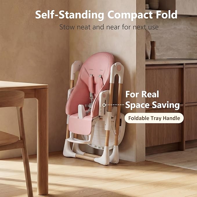 Kinder King Convertible High Chair for Babies & Toddlers, Adjustable Baby Feeding High Chair with Removable Double Tray, Simple Compact Fold for Space-Saving, 2 Built-in Wheels, Easy to Clean