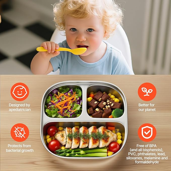 Set of 4 Snack Containers,Stainless Steel Kids Plates,Stainless Steel Toddler Plate with Silicone Lids- Reusable Meal Prep Lunch Containers for Kids Non Toxic & 100% BPA Free