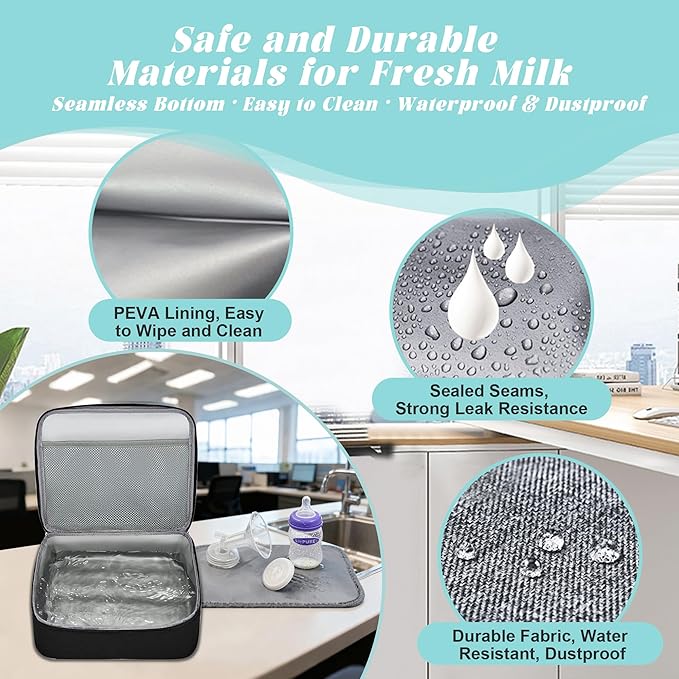 Breast Pump Bag with Insulated Cooler, Double-Layer Pumping Bag for Work & Travel, Fits Most Electric Breast Pumps, Includes 10 Ice Packs & Waterproof Mat, Detachable Bottle Cooler Tote, Black