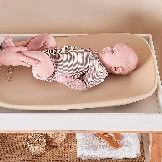 Nattou Softy Changing Pad - Wipeable Baby Changing Mat- Durable, Water-Resistant, Cocoon Shape with Honeycomb Bottom Grips BPA-Free, Assimilates Room Temperature - Beige
