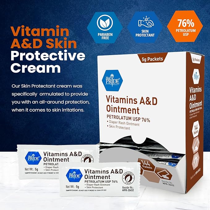MED PRIDE Vitamins A&D Ointment Packets for Skin Relief -Vitamin A & D Skin Protectant Ointment, 5g Packets, 144-Count, for Body Chaffing, Diaper Rash, Cuts, Dry-Cracked Hands/Feet/Face