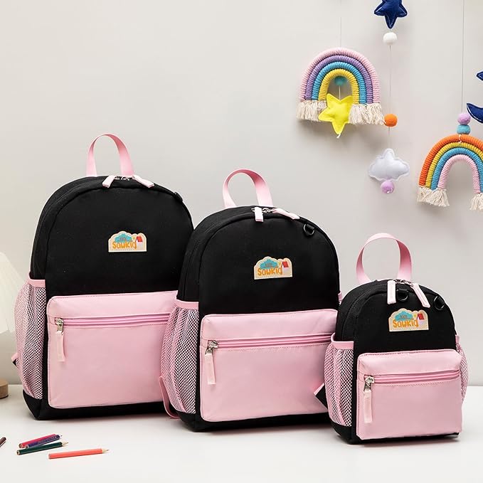 Mini Backpacks for Toddler Girls 9 inch Bookbag Purse with Baby Leash Backpack for Kids 1-2 (Black and Pink)