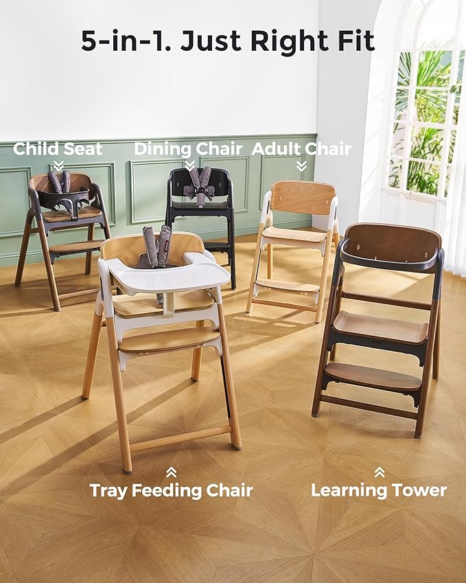 Momcozy DinerPal Wooden High Chair for Babies, Toddlers & Adults Up to 308 Lbs, Convertible Baby Highchair with Food-Grade Tray, Dishwasher-Safe, Adjustable & Ergonomic, Midnight Black