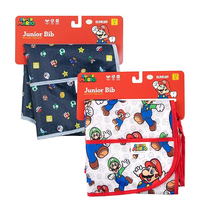 Bumkins Nintendo Super Mario Short Sleeve Bib for Girl or Boy, Toddler and Kids for 1-3 Years, Large Size, Essential Must Have for Junior Children, Eating, Play, Mess Saving Soft Fabric Apron, 2-pack