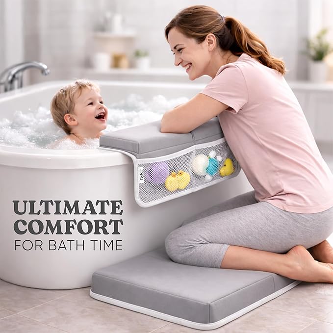 Rylor Premium Baby Bath Kneeler Mat & Elbow Rest Pad Set – Comfortable Bath Kneeler and Elbow Kneeling Rest Pad for Parents, Extra Long 26'', 2.4'' Thick, Non-Slip Support for Easy Bath Time (Gray)