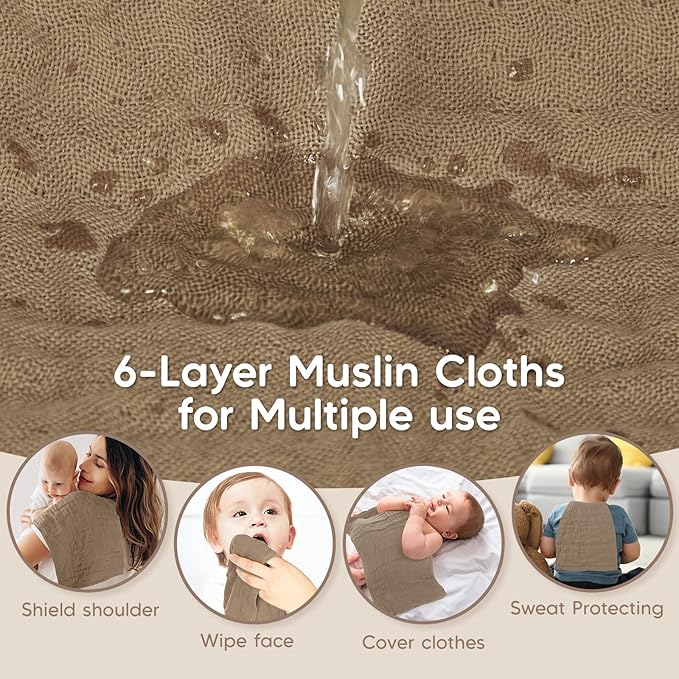 Maliton Muslin Burp Cloths 100% Cotton 20" x 10", 6 Layer Absorbent for Baby Drool and Mess - Non-Irritating & Breathable Baby Burp Cloths for Boys & Girls (Brown and White)