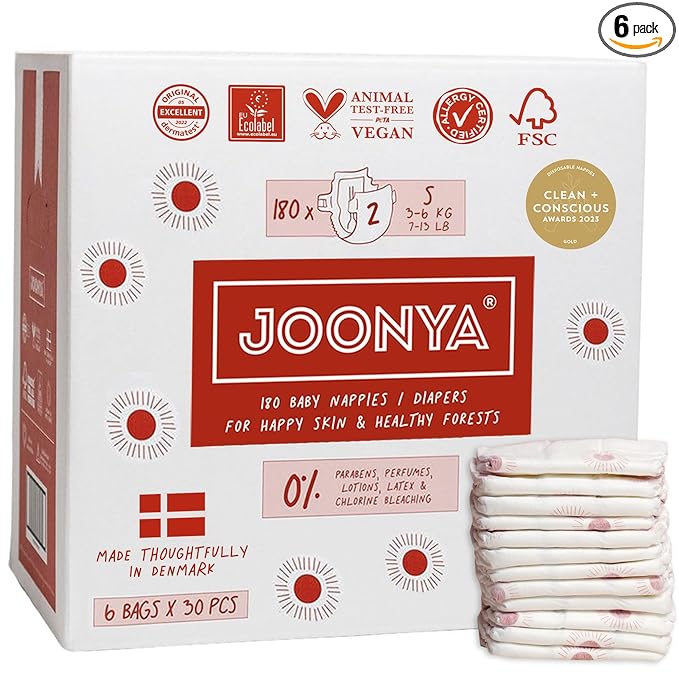 Joonya Baby Diapers, Size 2 S (7-13 lb) - 6 Bags of 30 (180) - Non Toxic, Eco-Friendly, High Absorbency, Overnight Use, Ultra Slim & Soft - Made in Denmark