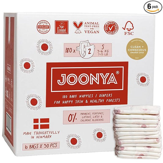 Joonya Baby Diapers, Size 2 S (7-13 lb) - 6 Bags of 30 (180) - Non Toxic, Eco-Friendly, High Absorbency, Overnight Use, Ultra Slim & Soft - Made in Denmark