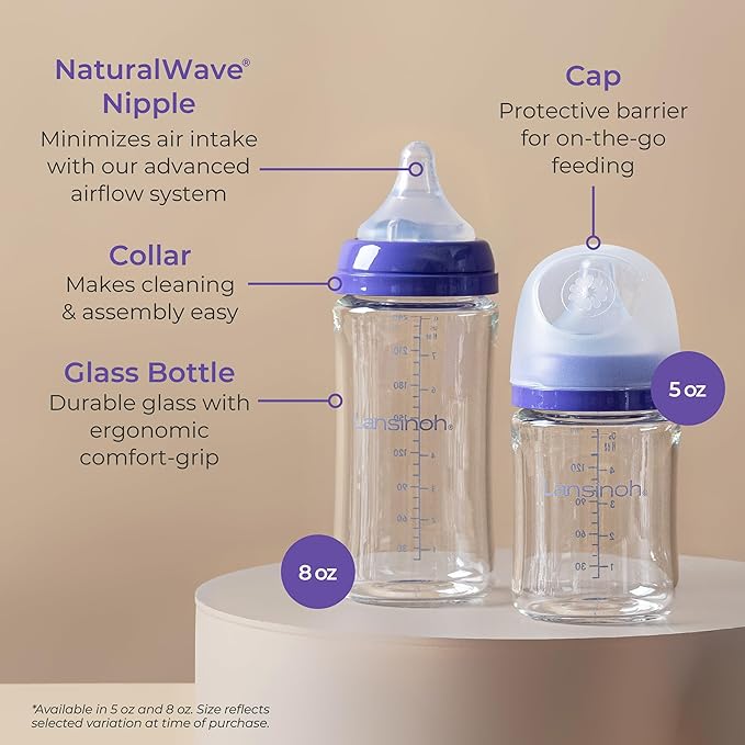 Lansinoh Glass Baby Bottles, Anti-Colic, 8 Ounces, 4 Count Bottles for Feeding, Baby Essentials, Includes 4 Medium Flow Nipples, Size M