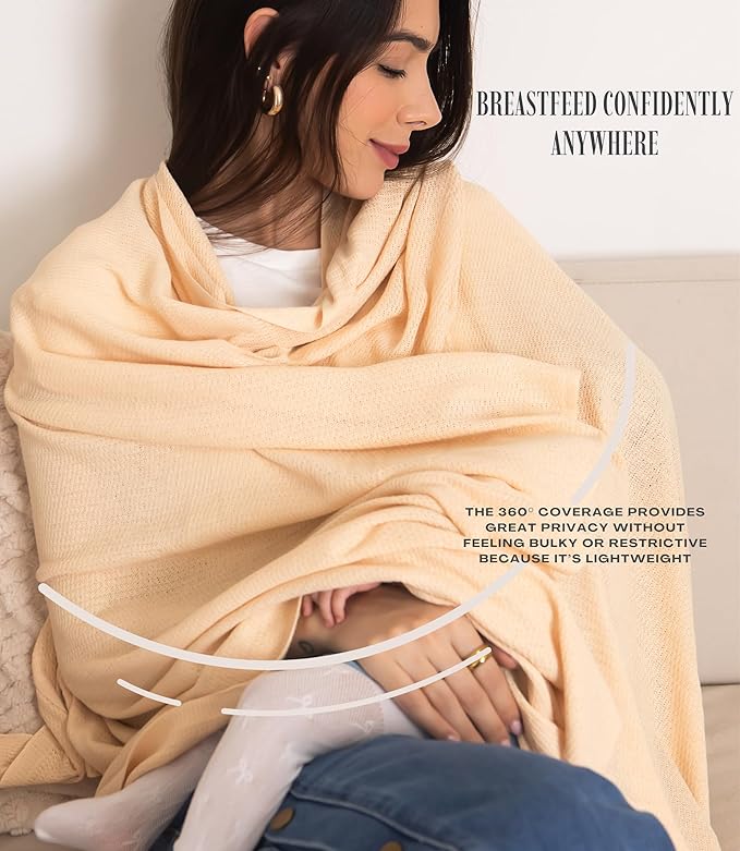 Set Premium Breast Feeding Covers for Women of All Body Types: Ultra Soft Stylish and Breathable Nursing Cover up for Breastfeeding + 4 Reusable Breast Pads for Nursing Comfort (Sand Dune)