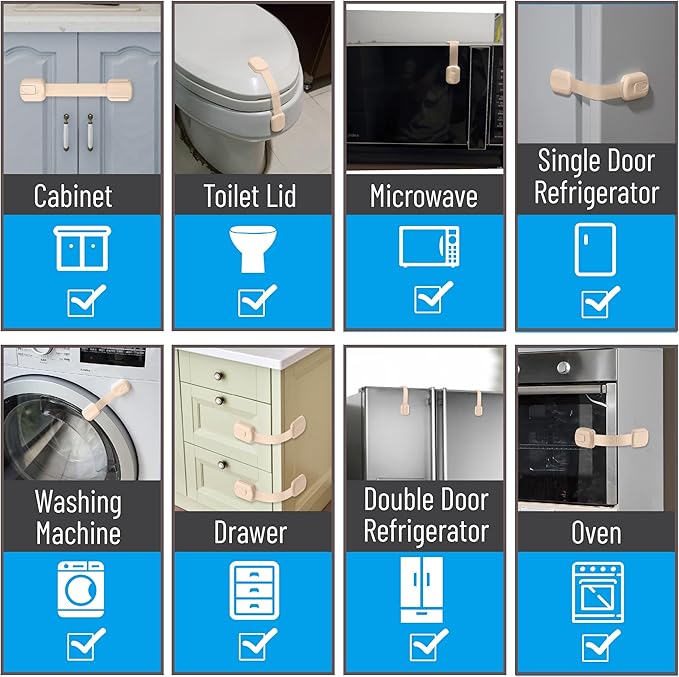 Bate- Child Safety Strap Locks, 8 Pack, Beige, Baby Locks for Cabinets, Drawers, Kitchen, Toilet, Furniture, Fridge, Multi-Purpose, Easy Install with Quick 3M Adhesive for Childproofing
