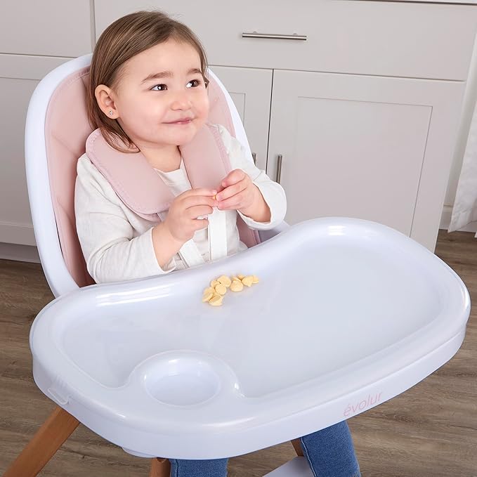 Evolur Zoodle 2-in-1 High Chair for Baby & Toddler – Convertible High Chair to Toddler Chair, Padded Seat, 5-Point Safety Harness, Dual Dishwasher-Safe Trays, Solid Beechwood Legs – Pink