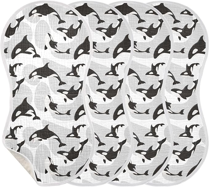 Muslin Burp Cloths for Baby Boys and Girls - 4-Pack Ultra Absorbent Killer Whale Orca Muslin Washcloths, Newborn Towel, Milk Spit Up Rags, Burp Cloth Bib for Unisex, 22 x 11 Inch