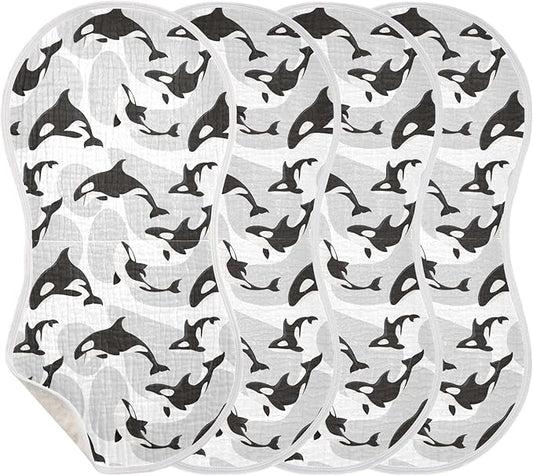 Muslin Burp Cloths for Baby Boys and Girls - 4-Pack Ultra Absorbent Killer Whale Orca Muslin Washcloths, Newborn Towel, Milk Spit Up Rags, Burp Cloth Bib for Unisex, 22 x 11 Inch