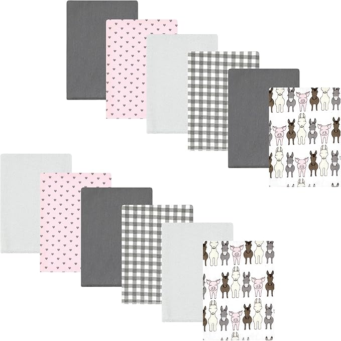 Hudson Baby Unisex Baby Cotton Flannel Burp Cloths Bundle, Farm Friends Pink, One Size