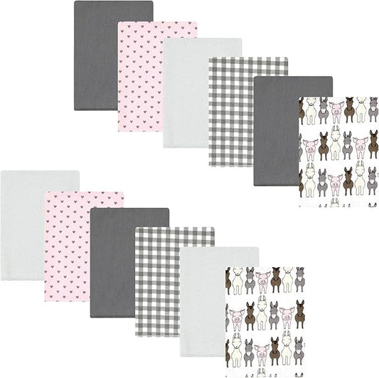 Hudson Baby Unisex Baby Cotton Flannel Burp Cloths Bundle, Farm Friends Pink, One Size