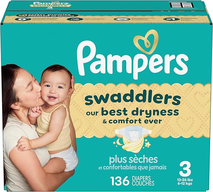 Pampers Swaddlers Diapers, Size 3 (13-26 lbs), 136 Count, Absorbent, Keeps Baby Dry and Comfortable, Skin Safe Disposable Baby Diaper (Packaging May Vary)