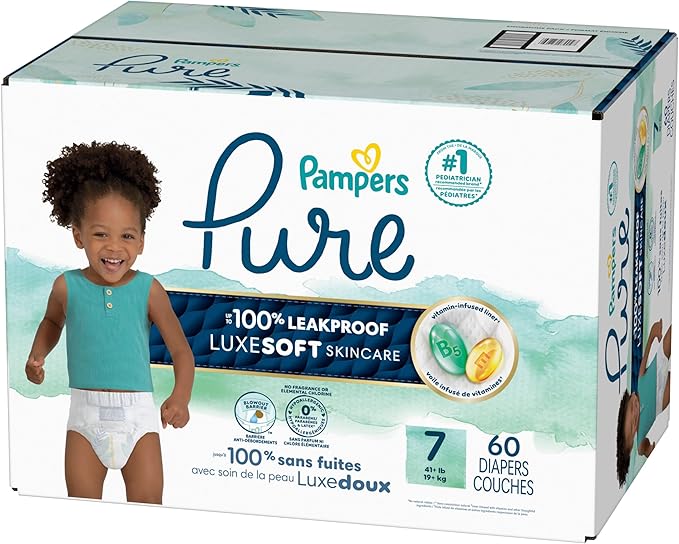 Pampers Baby Diapers - Pure Protection - Size 7, 60 Count, for up to 100% Leakproof, Premium Plant-based Skin Protection