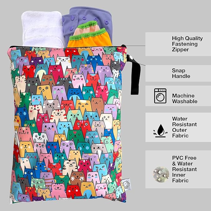 FLOCK THREE Washable and Reusable Wet Dry Bag Diaper Bag Water Resistant Swimming Bag Travel Toiletries Pouch Yoga Gym Bag Cute Cat 12.6'' x 16.5''