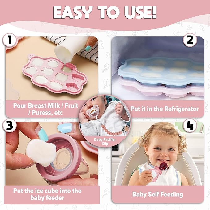 Set 1 : O’doe Silicone Baby Popsicle Molds & 1 Baby Food Feeders with 1 Clip, 1-Pack Freezer Tray with Lid, 10-Hole Popsicle Molds for Teething Relief, Includes 3 Extra Pacifiers, BPA Free (Pink)