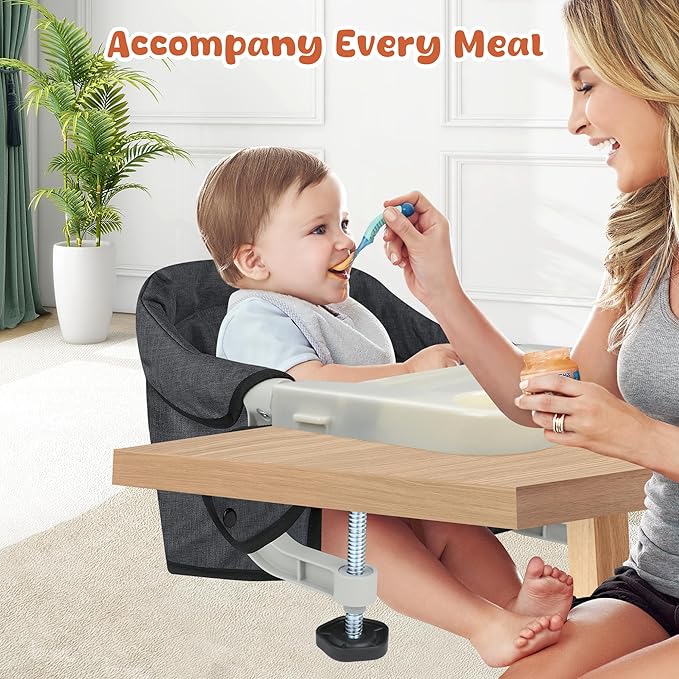 Hook On High Chair with Detachable Tray, Portable Foldable Clip On Baby Travel High Chair, Lightweight Feeding Seat with Storage Bag, BPA-Free Safety Harness for Home Restaurant (Black)