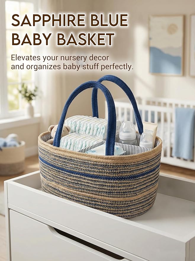 ZOES HOMEWARE Sapphire Blue Diaper Caddy Organizer, Jute Woven Baby Basket, Baby Caddy Nursery Storage Organizer, Shower Gifts for Newborn, Hand Woven Crafted (Brown&Blue),14.2"x 8.7"x7.1”