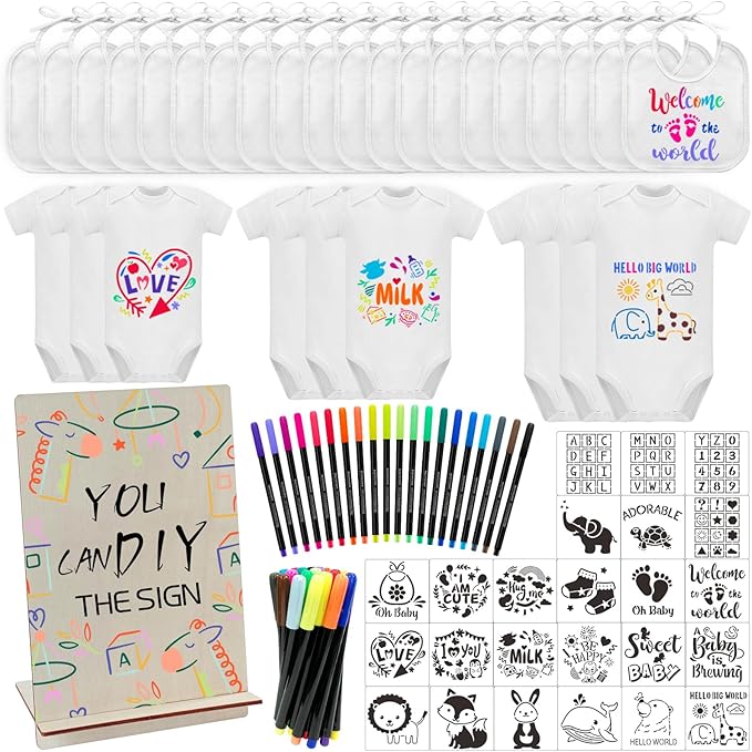 Bibs Bodysuits Baby Shower Game Sign Set Newborn Onesies Feeder Gift Fabric Marker Stencils Kit