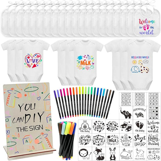 Bibs Bodysuits Baby Shower Game Sign Set Newborn Onesies Feeder Gift Fabric Marker Stencils Kit