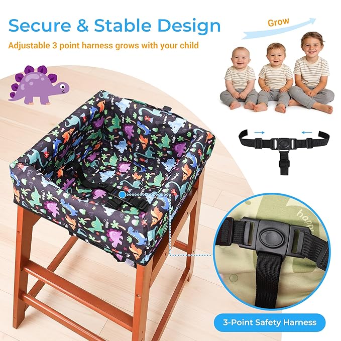COOLBEBE Baby High Chair Cover with 3-Point Harness, Waterproof & Machine Washable Portable Seat Cover, Fits Wooden Chairs for Restaurant, Travel, Home & Dining Out, Black Dinosaur