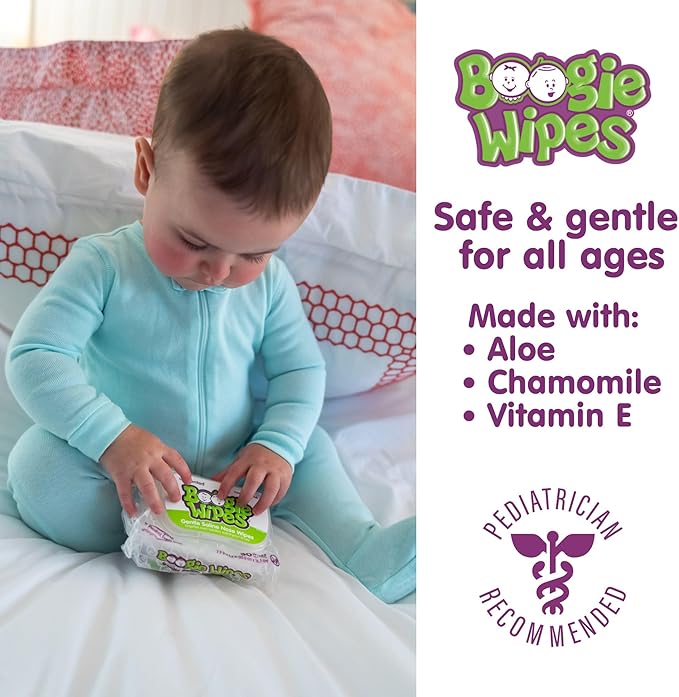 Baby Wipes by Boogie, Saline Wet Wipes for Nose, Face, Hand & Body, Made with Vitamin E, Aloe, Chamomile and Natural Saline, Unscented 30 Count Pack of 3