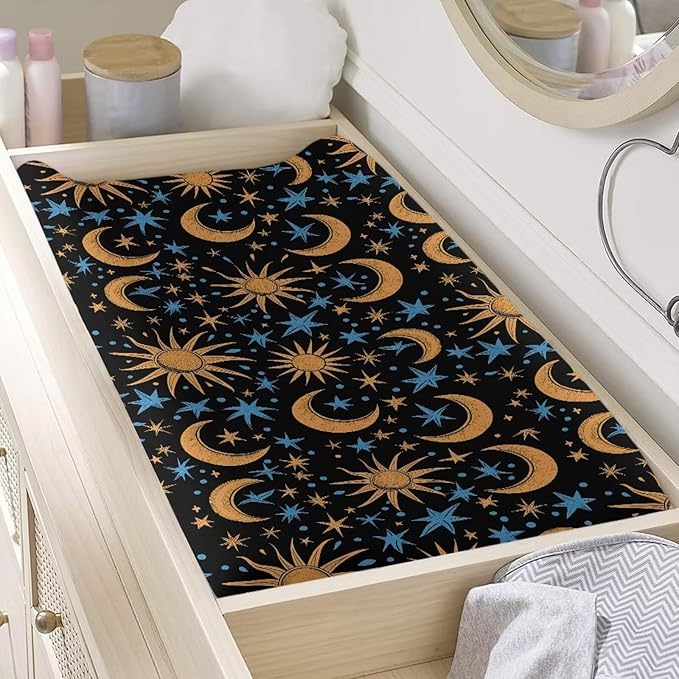 Golden Sun and Moon Diaper Changing Pad Cover Neutral Blue Star Baby Changing Table Covers Newborn Infant Changing Table Sheets Mats