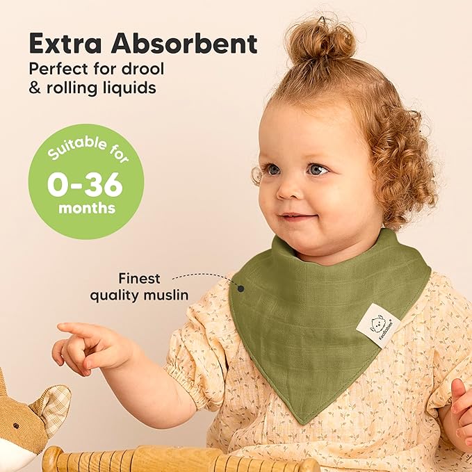 8-Pack Muslin Baby Bibs for Boys, Girls - Muslin Bandana Drool Bibs for Baby Girl & Boy, Drooling Newborn, Teething Toddler, Infant 0-36 Months, Soft Cotton Extra Absorbent (Primeval)