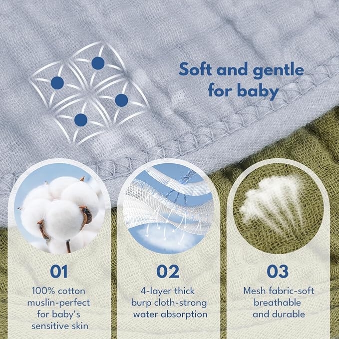 Muslin Burp Cloths with Snaps,Multi-Use Burpy Bib 100% Cotton for Spit Up & Drool,Large 22"X11" Extra Absorbent Burping Cloth for Newborn Boys Girls Essentials,Green