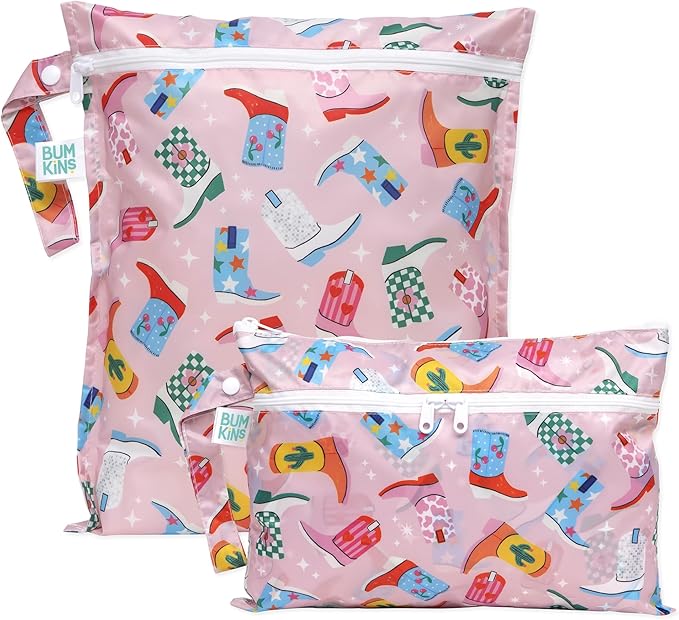 Bumkins - Waterproof Wet Bag & Wet/Dry Clutch Bags - For Beach, Baby, Travel, Swim Suit, Cloth Diapers, Pump Parts, Pool, Gym, Toiletries - Reusable & Easy to Clean - Cowgirl Boots - 2 Pack
