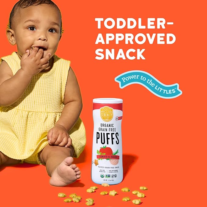 Serenity Kids 6+ Months Grain-Free Baby Puffs - Tomato & Herbs USDA Organic Baby Snacks - Allergen Safe Toddler Snacks - Quick-Dissolve Infant Puffs - 1.5 Oz Pack of 1