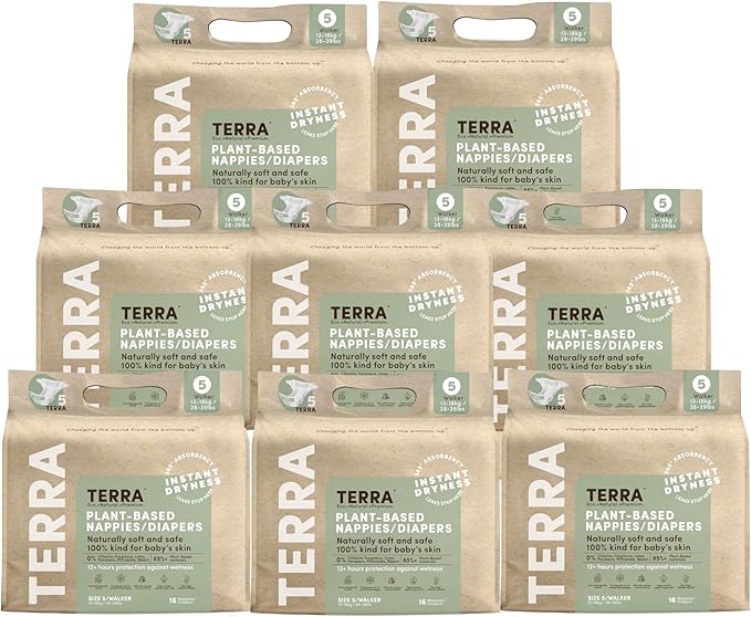 Terra Diapers Size 5: 85% Plant-Based Diapers, Ultra-Soft & Chemical-Free for Sensitive Skin, Superior Absorbency for Day or Nighttime Diapers, Designed for Toddlers 28-39 Pounds, 128 Count