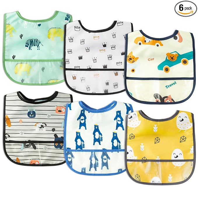 6Pcs Waterproof Toddler Bibs Baby Feeding Bib Set with Crumb Catcher Pocket, Infant Adjustable Baby Teething Bib, Babies Sleeveless Vehicles Food Bibs Keepsake Gift for Baby Shower, 6-24 Months