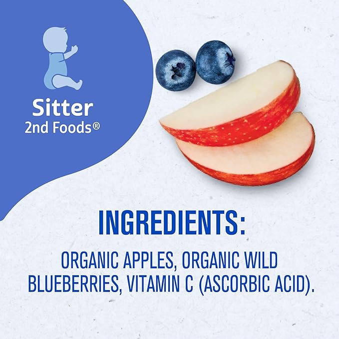Gerber Stage 2 Baby Food, Organic Apple Wild Blueberry Jar, Fruit Puree, Vitamin C, Non-GMO, Baby Food Fruit, Puree Jars Glass, 10-pack