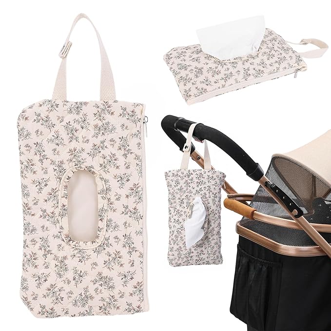 Quilted Baby Wipe Holder, Canvas Floral Quilted Pouch with Hanging Strap, Portable Diaper Wipe Holder for Travel Stroller-Hibiscus