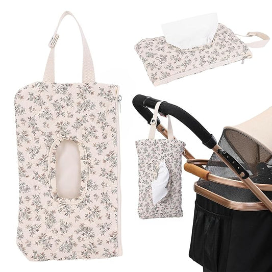 Quilted Baby Wipe Holder, Canvas Floral Quilted Pouch with Hanging Strap, Portable Diaper Wipe Holder for Travel Stroller-Hibiscus