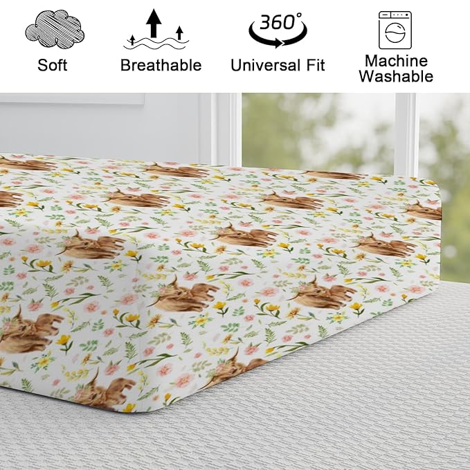 Highland Cows Boho Floral Changing Pad Covers Highland Yak Retro Flowers Change Table Pad Cover for Boys Girls Farm Animal Soft Stretchy Snug Fitted Diaper Changing Mat Sheets Cover 32''x16''