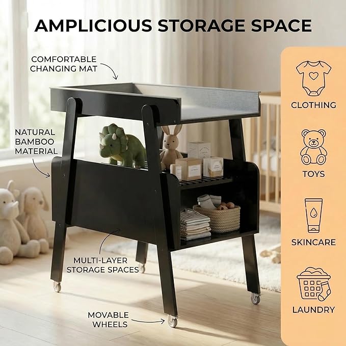 Diaper Changing Station Baby Flat Top Changing Table with Wheels and Changing Pad Nursery Organizer & Storage Rack Mobile Nursery Diaper Changing Table for Baby, Newborn (Black)