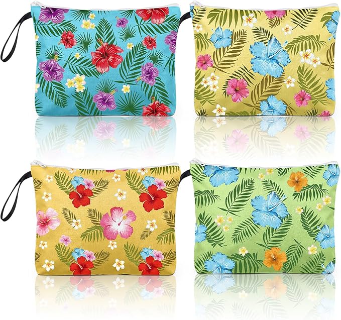 4 Pack Hawaiian Wet Dry Bags for Swimsuit Travel Beach Diaper Bag Waterproof Makeup Zipper Pouch with Handle Hawaii Flower Palm Leaves Cosmetic Toiletry Pouch for Women Gifts, Pool, Gym